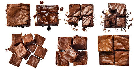 Chocolate fudge brownie cake, top view on transparent background cutout, PNG file. Many assorted different design angles. Mockup template for artwork