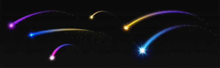 Shooting star light arc curve with magic glitter. Blue arch neon sparkle beam line. Speed trail shine vector effect. Glowing gold and purple track. Flying twinkle motion overlay. Night meteor burst © klyaksun