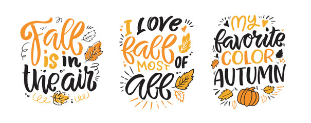 Cute set of hand drawn doodle lettering postars about autumn, fall, leaves, pumpkin, thanksgiving, season.