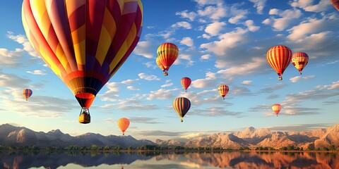 Obraz premium A rainbow-colored hot air balloon rises in a clear, cloudy sky