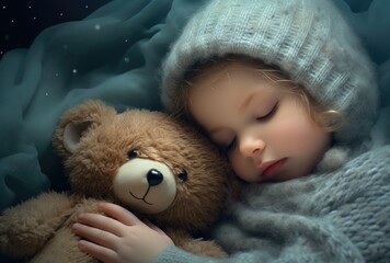 little girl with teddy bear in bed