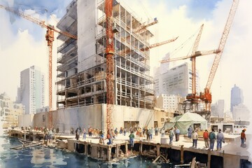 Watercolor painting of Yokohama's high-rise building construction site. Generative AI - obrazy, fototapety, plakaty