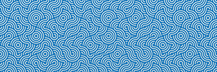 Blue Seamless Geometric Pattern. Abstract 3d Spiral Circles and Curves.