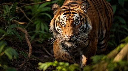 Fototapeta premium Portrait of Sumatran tiger in a jungle (Panthera tigris sumatrae)