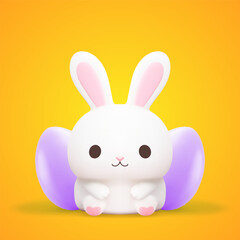 Easter baby rabbit with purple chicken eggs kawaii character 3d icon realistic vector illustration
