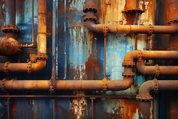 Background with various steel pipelines showing rust and scuffs, representing an outdated water supply system. Generative AI