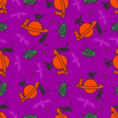 Purple template with bats, cats, planet Saturn and stars in naive style