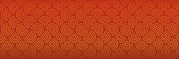Fototapeta premium Golden and Red Circles Pattern. Seamless Oriental Design for Lunar New Year. Traditional Asian Elegance in Modern Geometric Texture. Vintage Retro Background for Premium Decorative Design.