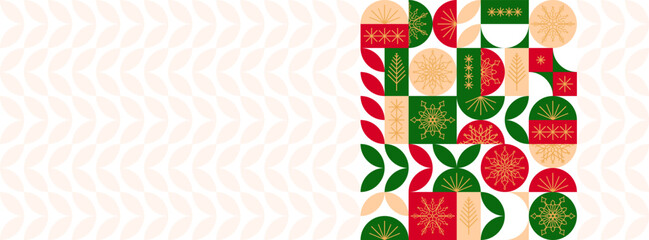 Christmas banner with geometric pattern in red and green colors, snowflakes and Christmas trees