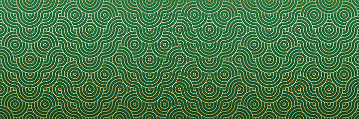 Luxury Gold and Green Seamless Background Pattern with Geometric  Waves, Lines and Circles. Abstract design vector. with Dragon Silhouette. Chinese Lunar New Year Background.
