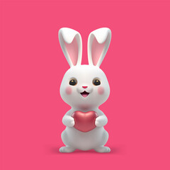 Cute rabbit positive bunny with pink heart 3d icon realistic vector illustration