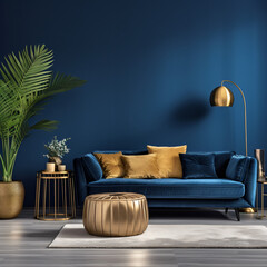 Design for a chic contemporary living room with a blue wall