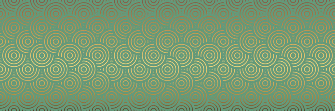 Seamless pattern in oriental geometric traditional style. 3d festive japanese ornament for lunar chinese new year decoration. Green Dragon Scales Abstract Asian Vector Creative Motif. Golden Coins