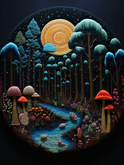 Embroidery Embossed Mushroom and Forest 