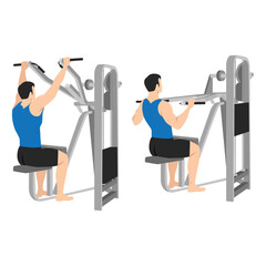 Fototapeta premium Man doing lever front pulldown, lat machine pull down. Flat vector illustration isolated on white background