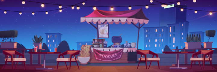 Obraz premium Night street food outdoor cafe market with noodles. City festival scene at nighttime with fair garland bulb light. Resort terrace bistro with romantic lights and thai cuisine carnival outside store