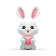 Funny baby rabbit with pink heart smiling character 3d icon realistic vector illustration