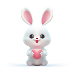 Funny baby rabbit with pink heart smiling character 3d icon realistic vector illustration