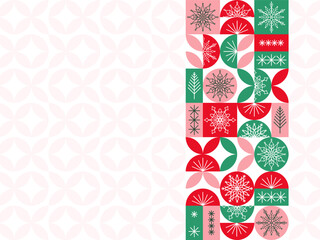 Christmas banner with geometric pattern in red and green colors, snowflakes and Christmas trees