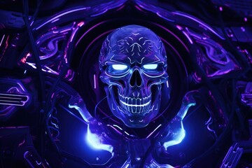 Skull in a blue neon glow. Halloween concept. 