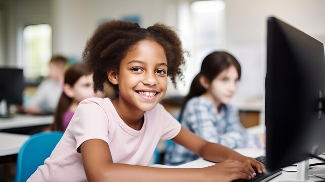 Portrait of a girl learning to code, with a softly blurred friend in the background in a computer lab