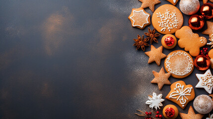 Obraz na płótnie Canvas Christmas cookies top view background with copy text space - ai generative
