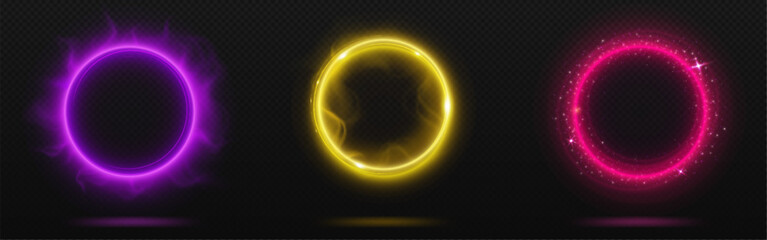 Magic light portal with neon glow effect. Realistic vector illustration set of energy rings for traveling in time and space. Fantastic electric luminous circle or frame with power of movement.