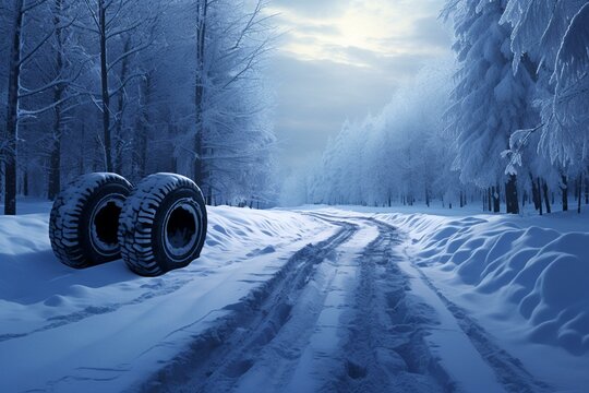 Tires on snow-covered road in winter. Generative AI