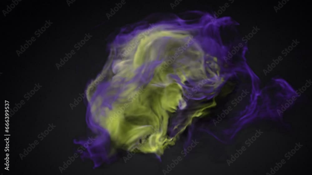 Poster Magical purple and yellow fire swirl on dark background. Modern and colorful style. Digital seamless loop animation. 3d rendering. 4K, Ultra HD resolution