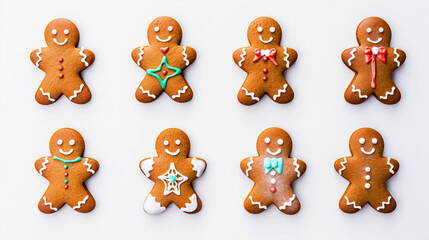 Ginger bread man cookies on isolated background top view - ai generative