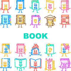 Fototapeta premium book character school icons set vector. study education, library, children, poster literature, girl notebook, student book character school color line illustrations