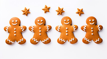 Fototapeta premium Ginger bread man cookies on isolated background top view - ai generative