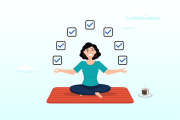 Businesswoman meditate focus on work completed checkbox, work focus, concentration to complete tasks, efficiency or productivity success, multitasking, organize or planning to finish work (Vector)