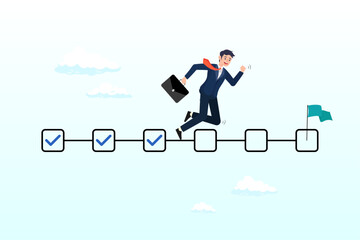 Businessman project manager running on completed checkbox to reach goal, project management, task tracking or work progress, tracking finish or completed tasks, planning or productivity (Vector)