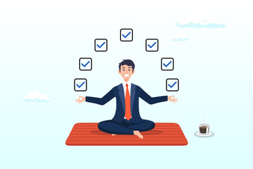 Businessman meditate focus on work completed checkbox, work focus, concentration to complete tasks, efficiency or productivity success, multitasking, organize or planning to finish work (Vector)