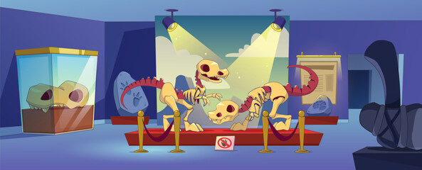 Night archeology museum interior design. Contemporary vector illustration of dinosaur skeletons and skull, stone age tools, fossil footprint at exhibition, science education, evolution artifacts © klyaksun