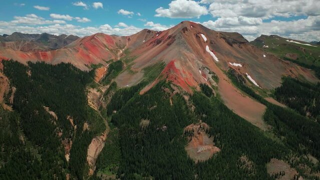 Aerial cinematic drone summer snow melt high altitude Red Mountain pass Ouray Silverton Telluride Colorado blue sky morning blue sky partly cloudy Rocky Mountains stunning drive circling right movment