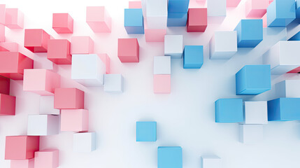 Texture background with random 3d cubic metal boxes in bright blue and red colors