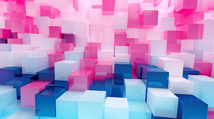 Texture background with random 3d cubic metal boxes in bright blue and red colors