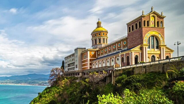 Basilica Sanctuary Of Black Madonna On Hilltop By The Marinello Lake In Tindari, Italy. timelapse