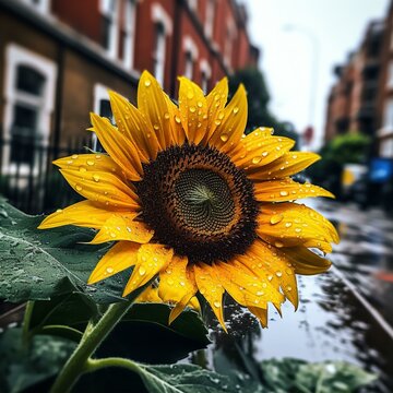 A close-up of a sunflower in the rain in London. The sunflower is yellow with dark brown seeds. Raindrops are glistening on the petals and leaves.