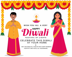 Indian family celebrate and wishing happy Diwali or Dhanteras on Hindu festival of India 