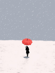 Woman with red umbrella walking in snow. Rainy day concept.