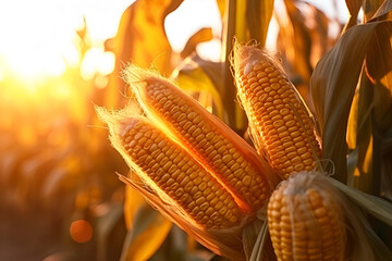 Corn cobs in corn plantation field, close up