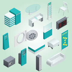 colorful isometric elements set bank interior with furniture atm isolated background