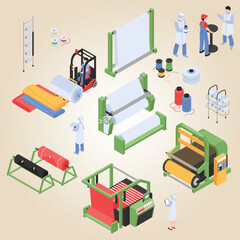 set isometric textile factory production isolated s with industrial machinery storage facilities personnel characters - obrazy, fototapety, plakaty