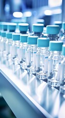 Medical vials moving through a production line in a pharmaceutical factory