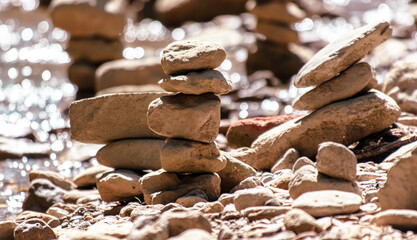 Pyramids of stones on the river