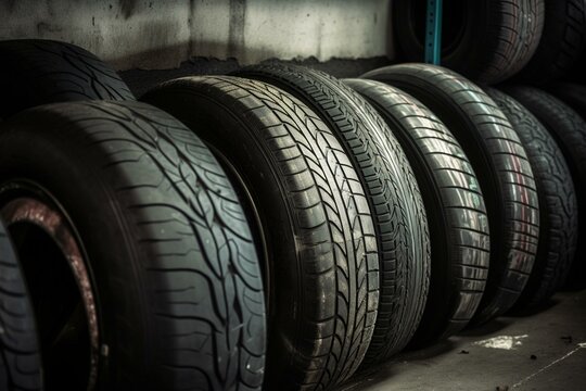 Tires available for purchase in a shop. Generative AI
