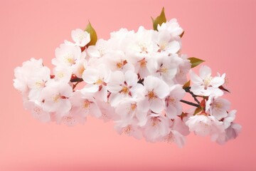 White peach tree flowers over a pink background, levitation, spring flowers conception. Generative AI